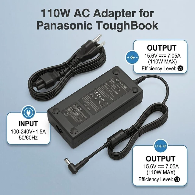 Alt view image 4 of 5 - 15.6V 7.05A 110W AC Adapter for Panasonic Toughbook CF-54/FZ-55/CF-33/CF-53