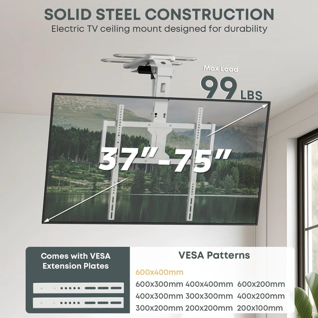 Alt view image 2 of 5 - Motorized Ceiling TV Mount for 37-75 Inch Screens, White Home Decor