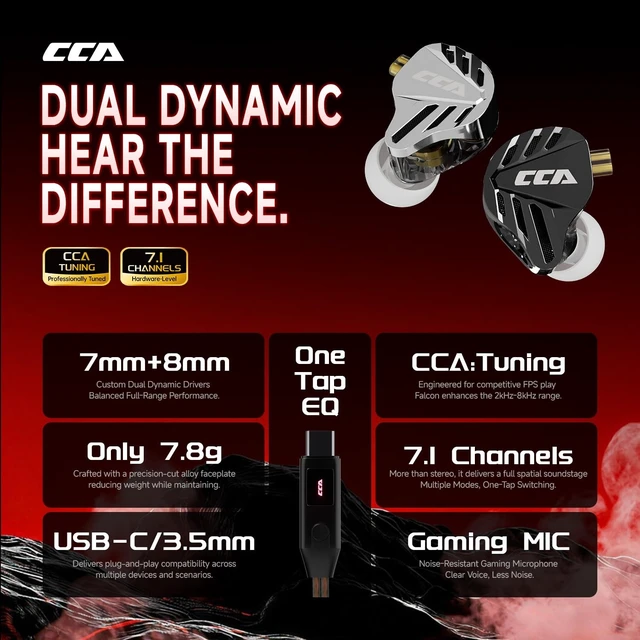 Alt view image 2 of 5 - CCA Falcon 2 DD in Ear Monitor, 7.1 Spatial Audio Gaming Earbuds, HiFi Noise Isolating in Ear Headphones, Crystal Clear & Deep Bass IEMs for Gamers Singers Musicians Audio Engineers