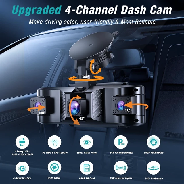 Alt view image 2 of 5 - 4 Channel 360 Dash Cam Front and Rear Inside with 5GHz WiFi 64GB Card