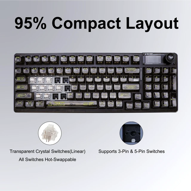 Alt view image 4 of 5 - Aula Transparent Mechanical Keyboard with Display & Knob, 95-Key Hot-Swappable, Tri-Mode Wireless Keyboard Gaming, RGB Backlit,10000mAh Battery, Gasket Mount,for Windows, macOS, iOS & Android,