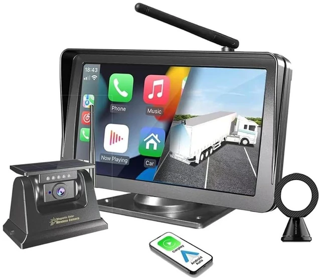 Main image of 7" Apple Carplay Android Auto for Truck Rigtrailer Tractr,Solar Wireless Magnet Back up Rear View Camera for Van Cargo Trailer Campr Pickup Box Semi Truck,and Magnet Phone Holder Mount