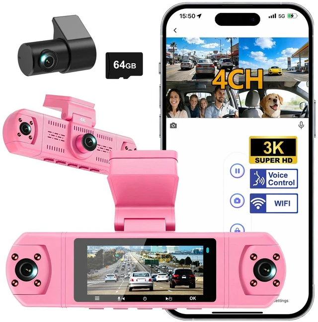 Main image of Dash Cam for Cars,360 View 3K Front +Rear&Left & Right 1080P x3, 4 Channel Dash Cam, Voice Control,WiFi & APP Control,8 IR Lamps Night Vision,Free 64GB SD Card,G-Sensor,Parking Mode M998-3K-pink