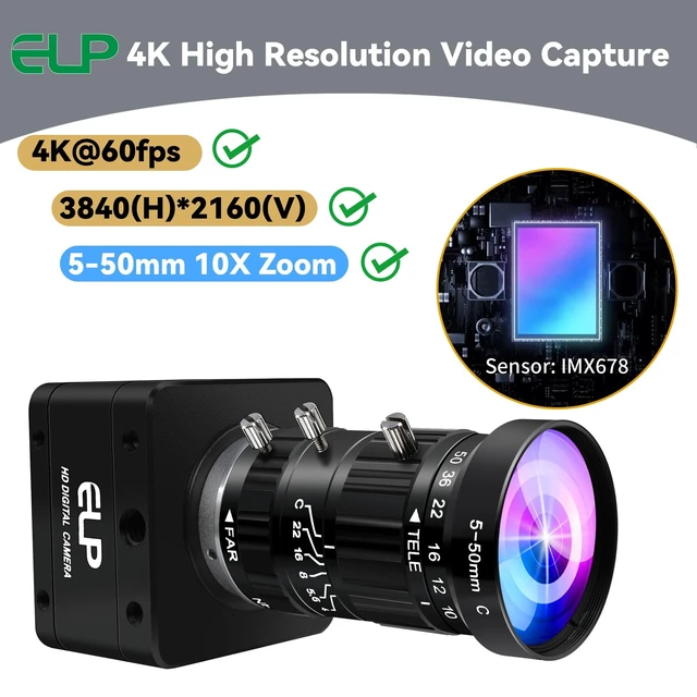 Alt view image 3 of 5 - ELP High Speed 4K 60FPS USB Camera Manual Zoom Webcam for Computer, Mini UVC 2160P USB3.0/2.0 Lightburn Cameras for Windows, Linux, Mac, Pi, 5-50mm 10X Varifocal IMX678 Web Cam for Laptop Jetson Nano