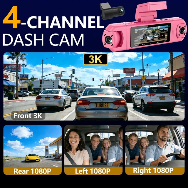 Alt view image 3 of 5 - Dash Cam for Cars,360 View 3K Front +Rear&Left & Right 1080P x3, 4 Channel Dash Cam, Voice Control,WiFi & APP Control,8 IR Lamps Night Vision,Free 64GB SD Card,G-Sensor,Parking Mode M998-3K-pink