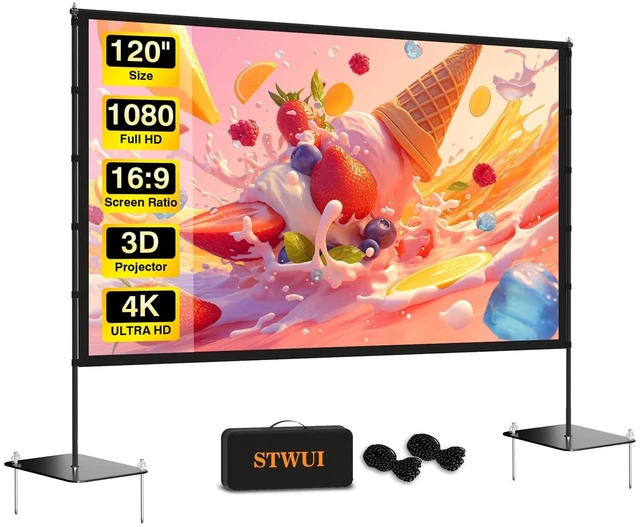 Main image of STWUI Outdoor-Projector-Screen-with-Stand - 120 inch Portable Projector Screen Indoor Outdoor Projector Screens 16:9 4K HD Lightweight Movie Screen with Carry Bag for Backyard Movie Night