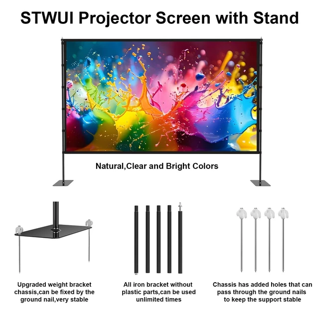 Alt view image 5 of 5 - STWUI Outdoor-Projector-Screen-with-Stand - 120 inch Portable Projector Screen Indoor Outdoor Projector Screens 16:9 4K HD Lightweight Movie Screen with Carry Bag for Backyard Movie Night