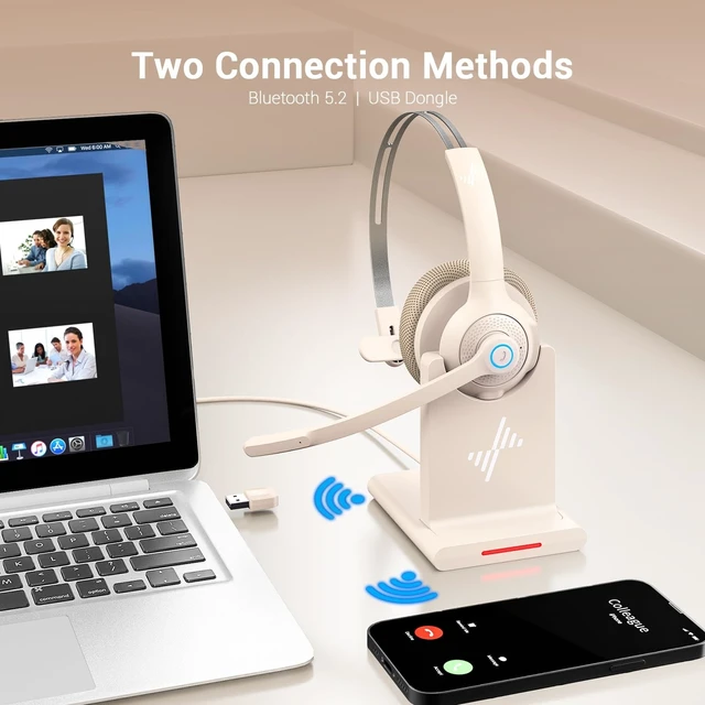 Alt view image 3 of 5 - JIAMQISHI Bluetooth Wireless Headset with Mic for Work, Bluetooth 5.2, Advanced Noise Reduction Microphone, Clear Calls - Comfortable On-Ear Headphones, Applicable to PC, Laptop, Phone, Android