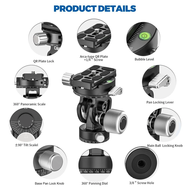 Alt view image 3 of 5 - Cavix Dual Panoramic Tripod Head, 2 Way Pan/Tilt Tripod Head Panoramic Bird Watching Photography, with 1/4" Quick Release Plate, 22 Lbs Load Capacity for Tripod Monopod DSLR Mirrorless Video Tripods