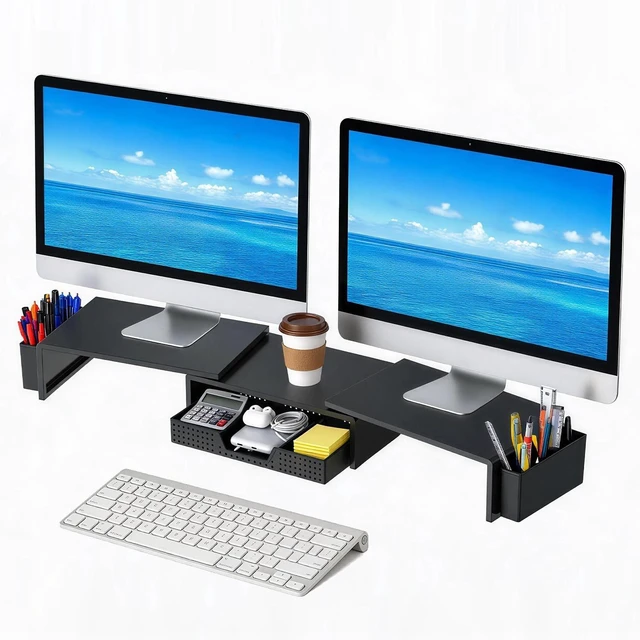 Main image of LEKETREE Dual Monitor Stand Riser with Drawer and 2 Pen Holders, Black