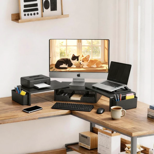 Alt view image 2 of 5 - LEKETREE Dual Monitor Stand Riser with Drawer and 2 Pen Holders, Black