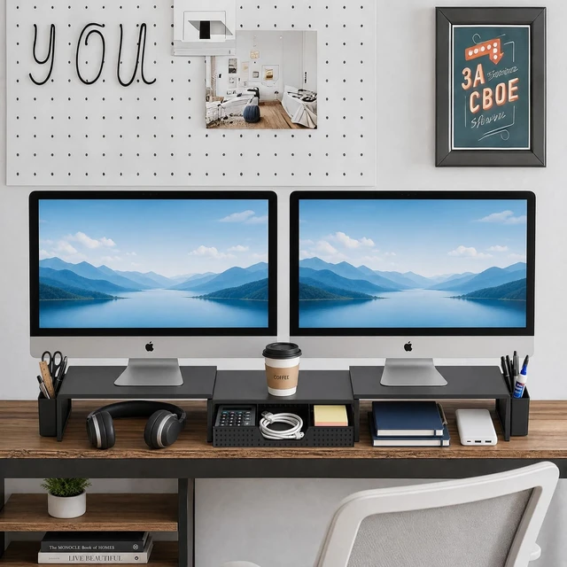 Alt view image 3 of 5 - LEKETREE Dual Monitor Stand Riser with Drawer and 2 Pen Holders, Black