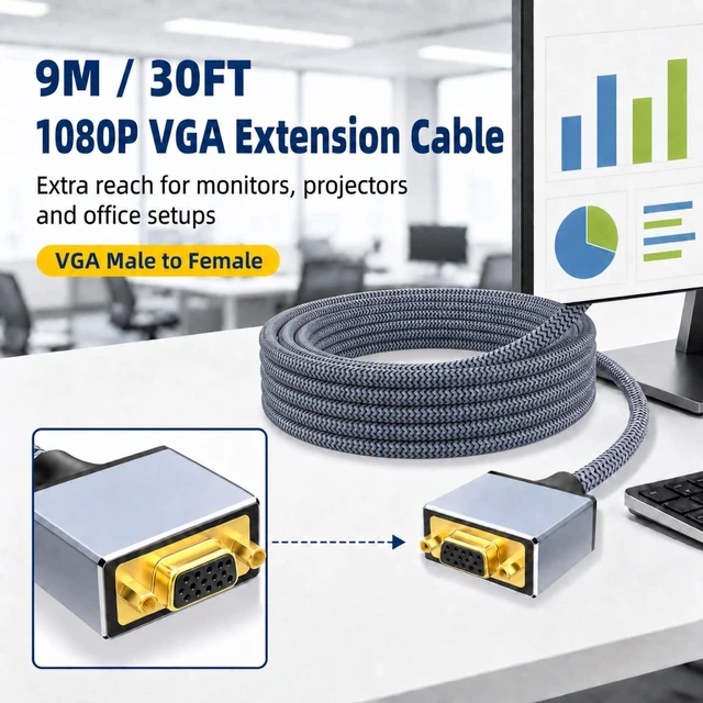 Alt view image 2 of 5 - BOPLYBAY 30FT/9M VGA Extension Cable, HD15 Male to Female, 1080P
