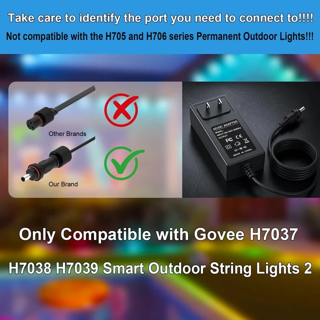 Alt view image 2 of 5 - 36V Power Adapter for Govee Smart Outdoor String Lights 2 Compatible with Govee H7037 H7038 H7039 Power Cord Charger