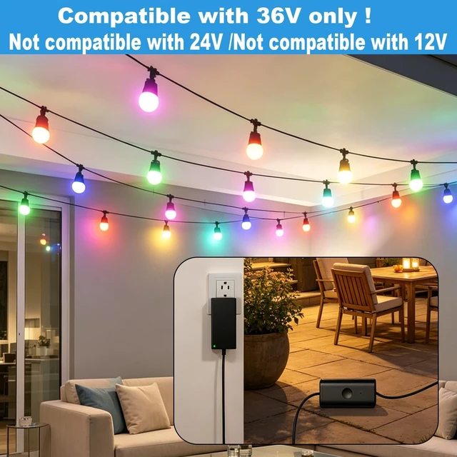 Alt view image 4 of 5 - 36V Power Adapter for Govee Smart Outdoor String Lights 2 Compatible with Govee H7037 H7038 H7039 Power Cord Charger