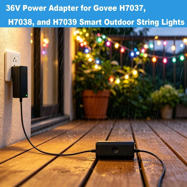 Alt view image 3 of 5 - 36V Power Adapter for Govee Smart Outdoor String Lights 2 Compatible with Govee H7037 H7038 H7039 Power Cord Charger