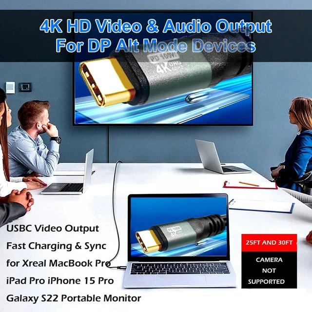 Alt view image 3 of 5 - USB C to C Cable 45FT, 4K60HZ GEN2x2(Data usb3.1),USB TYPE C Video Output From USB3.2/ USB4.0 (Fast Charging 100W) & Sync for Xreal MacBook Pro iPad Pro iPhone 15 Pro Galaxy S22 Portable Monitor