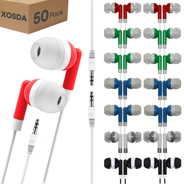 Main image of XOSDA Bulk Earbud Headphones 50 Pack for Kids School Classroom, Wholeslae Wired Durable Class Set Earphones for Students Children Toddler Teens Boys Girls and Adult (Mixed Colors, 50pcs)