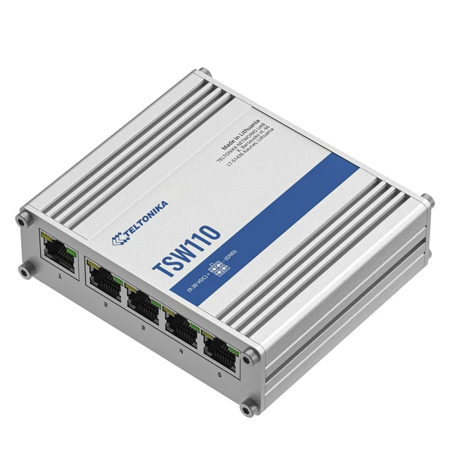 Alt view image 2 of 5 - Teltonika TSW110000010 - TSW110 Industrial L2 Unmanaged Switch, 10/100/1000 Mbps Ethernet Ports, Aluminum Housing, 10 Gbps Bandwidth - with DC Power Cable