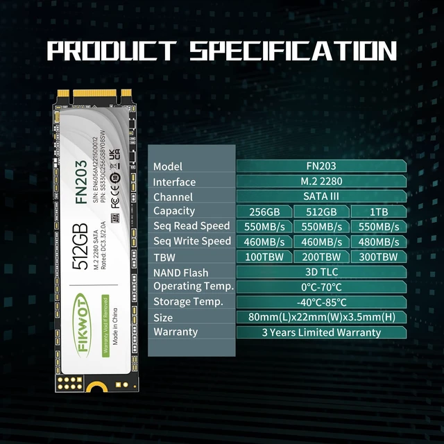 Alt view image 5 of 5 - Fikwot FN203 M.2 SATA SSD - SLC Cache 3D NAND TLC SATA III 6Gb/s M.2 2280 NGFF Internal Solid State Drive, Up to 550MB/s, Compatible with Ultrabooks, Tablet Computers and Mini PCs (512GB)