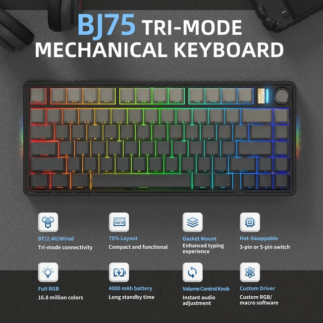 Alt view image 2 of 5 - 7KEYS 75% Retro Wireless Mechanical Keyboard with Knob, Linear Switch(Gray)