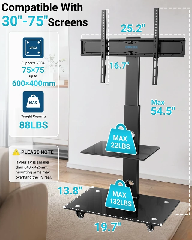Alt view image 2 of 5 - BONTEC Rolling TV Stand for 30-75 Inch TVs, Mobile TV Cart with Wheels