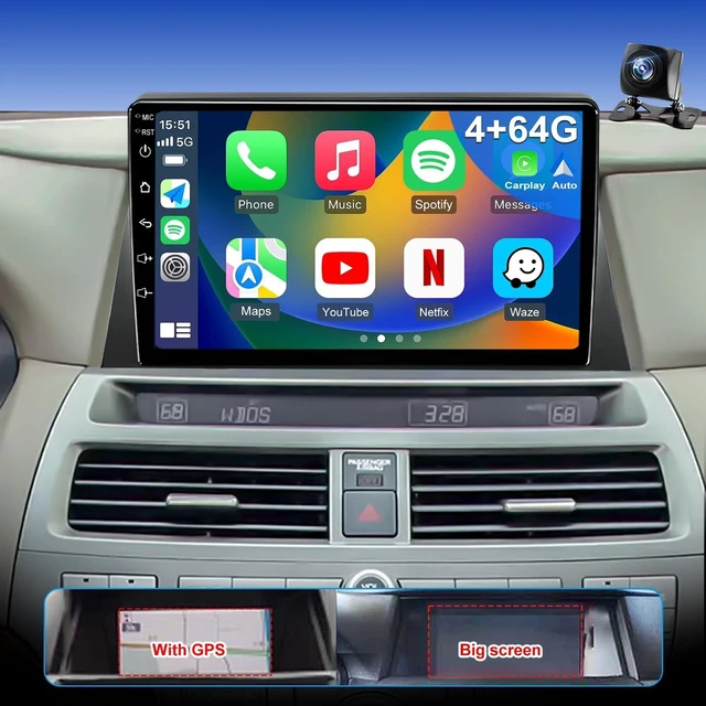Main image of 4+64G 5GWiFi Upgrade Car Stereo for Honda Accord 2008-2012 8th Gen, 10" Touch Screen Radio, Wireless Carplay Android Auto GPS FM Bluetooth DSP Camera, Only Fit for Original Car with Big Screen