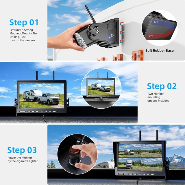 Alt view image 2 of 5 - 3 Magnetic Wireless Backup Camera with HD 1080P 10" DVR Monitor, 1-Rear View 2-Side View Cameras Wireless System for RV Trailer Trucks, Built-in 9600mAh Battery,Night Vision,Recording- Z