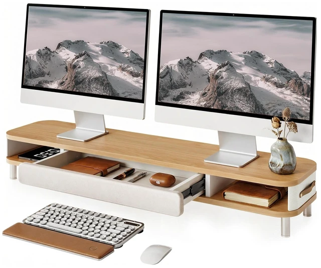 Main image of Fenge Dual Monitor Stand with Large Storage Drawer, 42.5" Desk Shelf, Oak