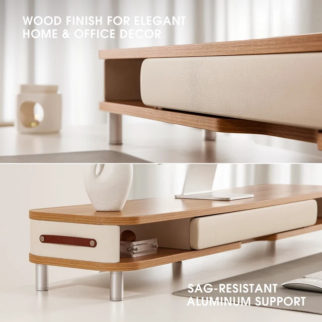 Alt view image 5 of 5 - Fenge Dual Monitor Stand with Large Storage Drawer, 42.5" Desk Shelf, Oak