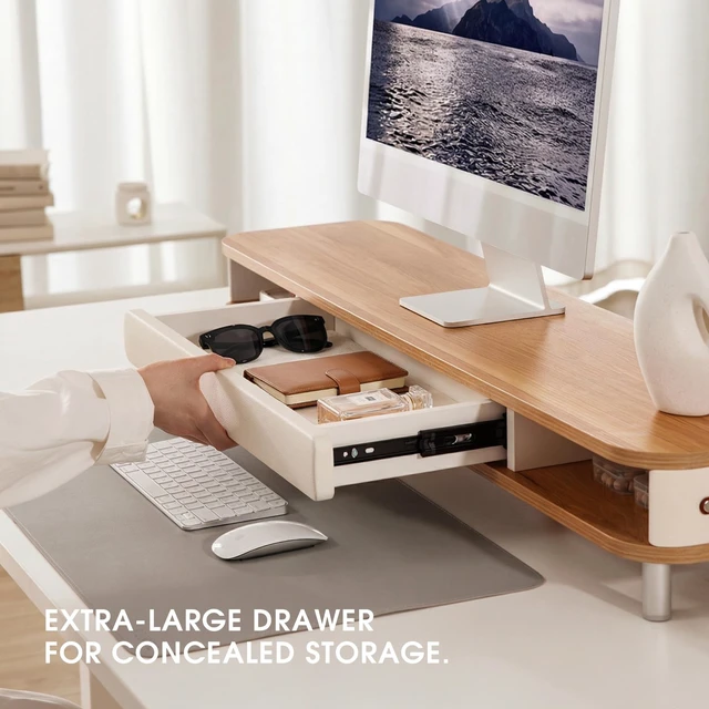 Alt view image 4 of 5 - Fenge Dual Monitor Stand with Large Storage Drawer, 42.5" Desk Shelf, Oak