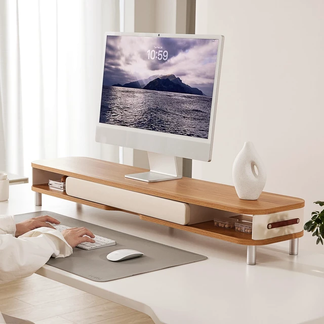 Alt view image 2 of 5 - Fenge Dual Monitor Stand with Large Storage Drawer, 42.5" Desk Shelf, Oak