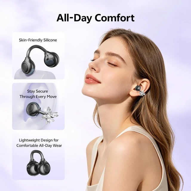 Alt view image 4 of 5 - WUYUEGE Open Ear Clip on Earbuds Bluetooth 6.0, Powder Case with LED Mirror, Detachable Crystal Butterfly Ear Clips & Bracelet, IPX6 40H Playtime, Cute Wireless Earbuds for Women Girls Gifts (B