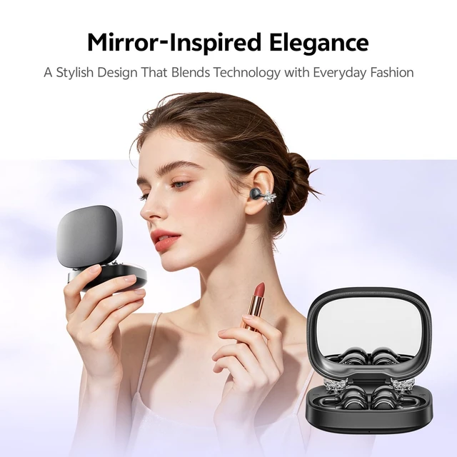 Alt view image 2 of 5 - WUYUEGE Open Ear Clip on Earbuds Bluetooth 6.0, Powder Case with LED Mirror, Detachable Crystal Butterfly Ear Clips & Bracelet, IPX6 40H Playtime, Cute Wireless Earbuds for Women Girls Gifts (B