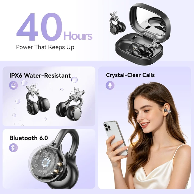 Alt view image 5 of 5 - WUYUEGE Open Ear Clip on Earbuds Bluetooth 6.0, Powder Case with LED Mirror, Detachable Crystal Butterfly Ear Clips & Bracelet, IPX6 40H Playtime, Cute Wireless Earbuds for Women Girls Gifts (B