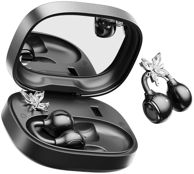 Main image of WUYUEGE Open Ear Clip on Earbuds Bluetooth 6.0, Powder Case with LED Mirror, Detachable Crystal Butterfly Ear Clips & Bracelet, IPX6 40H Playtime, Cute Wireless Earbuds for Women Girls Gifts (B