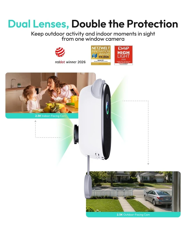 Alt view image 2 of 5 - BOTSLAB Dual-Lens 4MP Window Camera for Home Security, No Drill, Anti-Glare