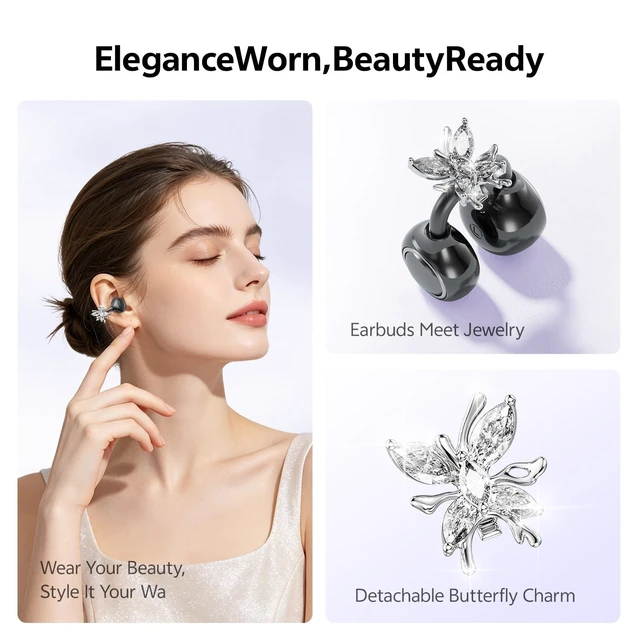 Alt view image 3 of 5 - WUYUEGE Open Ear Clip on Earbuds Bluetooth 6.0, Powder Case with LED Mirror, Detachable Crystal Butterfly Ear Clips & Bracelet, IPX6 40H Playtime, Cute Wireless Earbuds for Women Girls Gifts (B