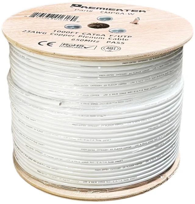 Main image of Premiertek 23AWG 0.58mm Bare Copper CAT6A UTP 4-Pairs 1000FT Plenum CMP Cable Fluke Pass(UP to 650MHz Bandwith) (White)