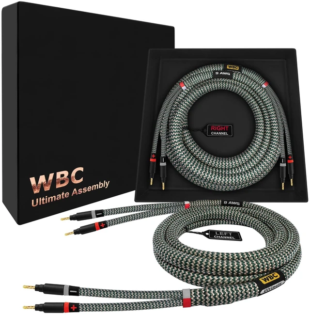 Main image of WORLDS BEST CABLES 8 Foot Ultimate - 9 AWG - Ultra-Pure OFC - Premium Audiophile HiFi Speaker Cable Pair with Eminence Gold Banana Plugs & StlGrn Tweed Jacket