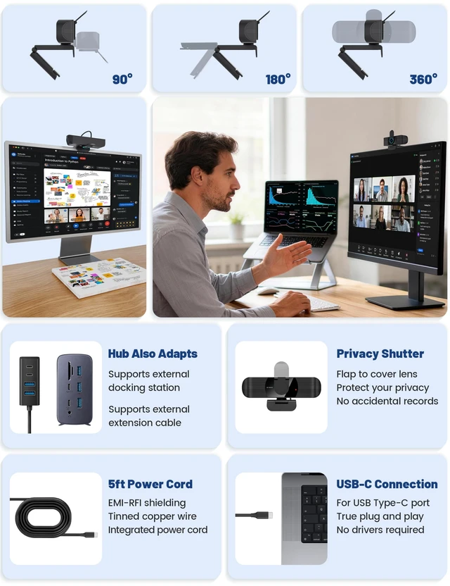 Alt view image 3 of 5 - RUWBY Pro HD 1080p/30fps Webcam, External USB-C Web Camera for PC/Laptop