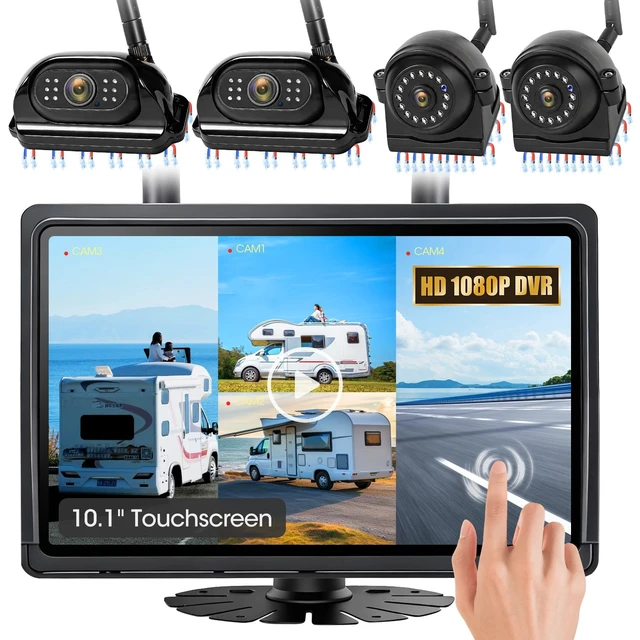 Main image of WOOCARTY 10.1" - 4 Magnetic Wireless RV Backup Camera System, 1080P DVR Touchscreen Rear Side Cameras for Monitoring, Compatible with Furrion Pre-Wired Plug, Night Vision Camera for Trailer Tru