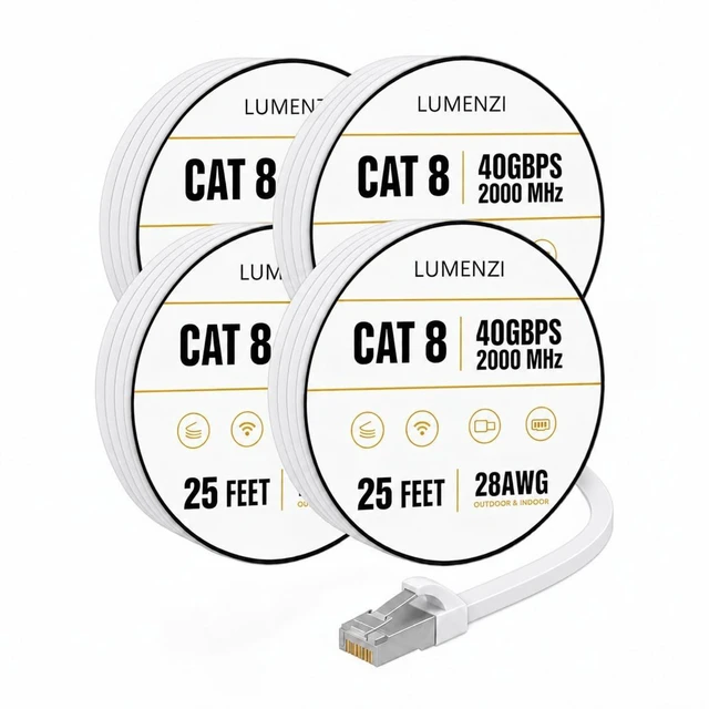 Main image of Lumenzi Cat8 Flat Ethernet Cable 25ft, 4 Pc Pack, 40Gbps 2000MHz Network Patch Cord, S/FTP Shielded LAN Cable, ETL Listed, RoHS Compliant, with RJ45 Connectors for Gaming, Router, Modem & Laptop