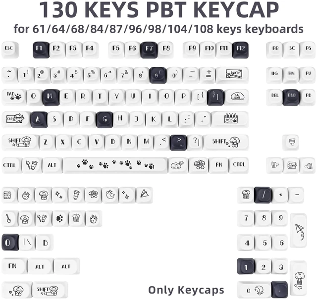 Alt view image 2 of 5 - ZERRIOY Cute Puppy Paws 130 Keys Black White PBT Dye-Sublimation Keycaps