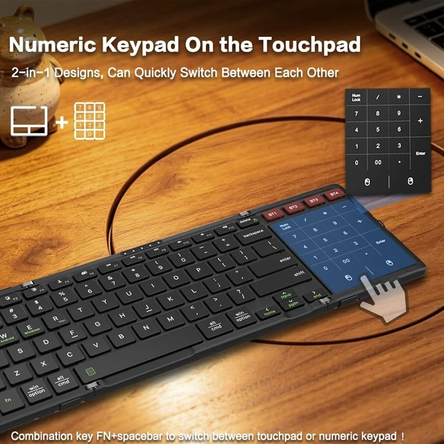 Alt view image 2 of 5 - JOMAA Foldable Bluetooth Keyboard, 4-Channel Wireless, Multi-Device Rechargeable with Touchpad and Numeric pad Travel Portable Keyboard for Laptop, Tablet Phone, Windows, Mac, Android, iOS