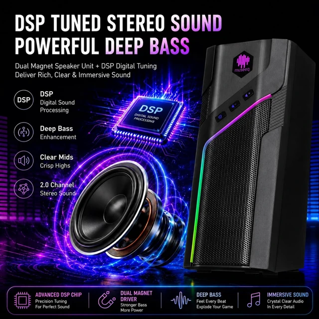 Alt view image 3 of 5 - museeq W-206RE Computer Speakers for Desktop PC, Bluetooth RGB Lights