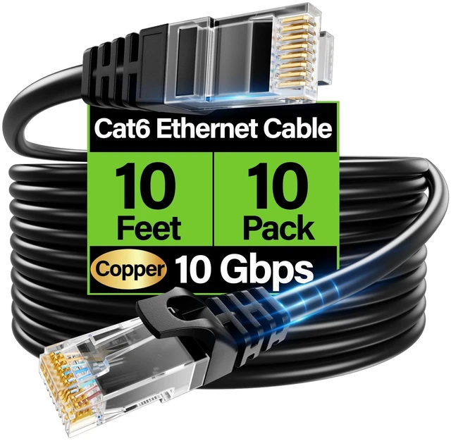 Main image of TuokaJu Cat6 Ethernet Cable 10Gbps 10 ft (10 Pack), UTP Ethernet Cable Cat 6, Flexible Bare Copper Cat6 Cable, Cat 6 Network Cable for Server, Data Center, Black