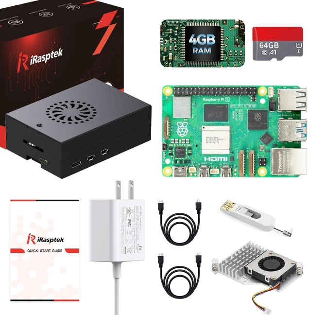 Main image of iRasptek Starter Kit for Raspberry Pi 5 4GB-64GB RAM Edition of OS-Bookworm Pre-Loaded (Aluminum Case)