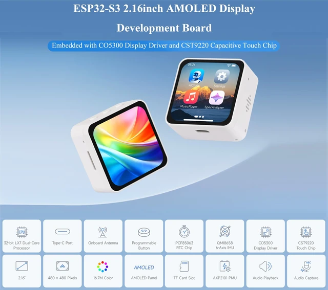 Alt view image 2 of 5 - ESP32-S3 Display, 2.16'' Touch AMOLED Display Development Board, Al Speech