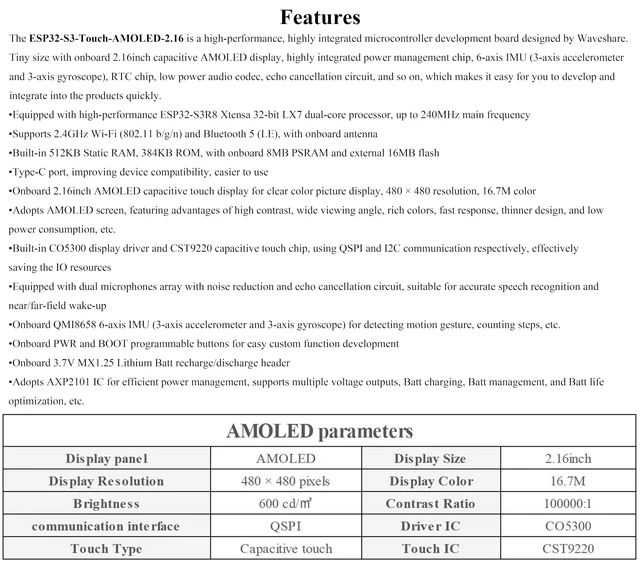 Alt view image 3 of 5 - ESP32-S3 Display, 2.16'' Touch AMOLED Display Development Board, Al Speech